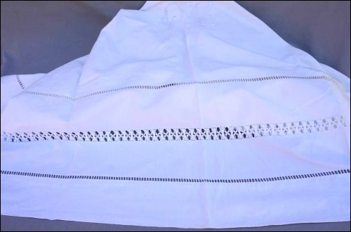 Embroidered Bed Sheet Art Deco Ladder Work Mono RG White Cotton 114 x 90 1/2