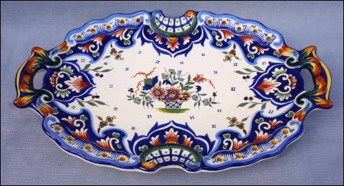 DESVRES FOURMAINTRAUX Rouen Decor Oval Dish Hand Painted Faience 19th C