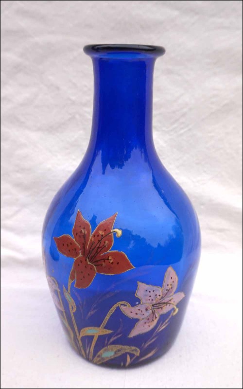 Legras Mont Joye French Art Nouveau Blue Enamel Vase Lilium Lilies
