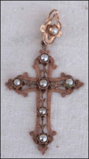 18K Rose Pink Engraved Gold Cross Pendant Pearl 19th C