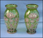 Carl Goldberg Art Nouveau Gold White Enameled Glass Pair Vases