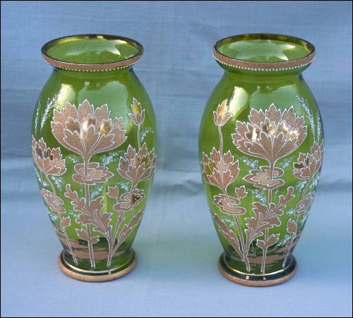 LEGRAS Mont joye French Art Nouveau Gold White Enameled Glass Pair Vases