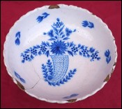 Blue White French Hand Painted Faience Ribbed Salad Bowl Cornflower Cornucopia Lille 19th C
