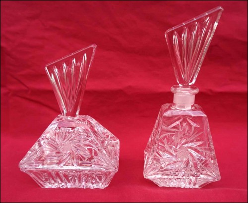 Bohemian Art Glass Art Deco Engraved Crystal Perfume Bottle Powder Box