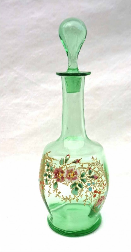 LEGRAS French Art Glass Flowers Enameled Anise Glass Carafe with Lid 1920