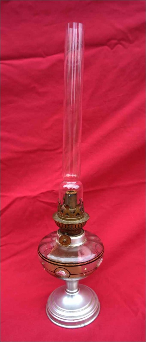 Art Deco Oil Kerosene Lamp Enamel Hand Painted Glass Aluminum T H Burner