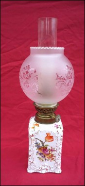 Old Paris Porcelain Oil Kerosene Lamp Frosted Glass Shade 1900