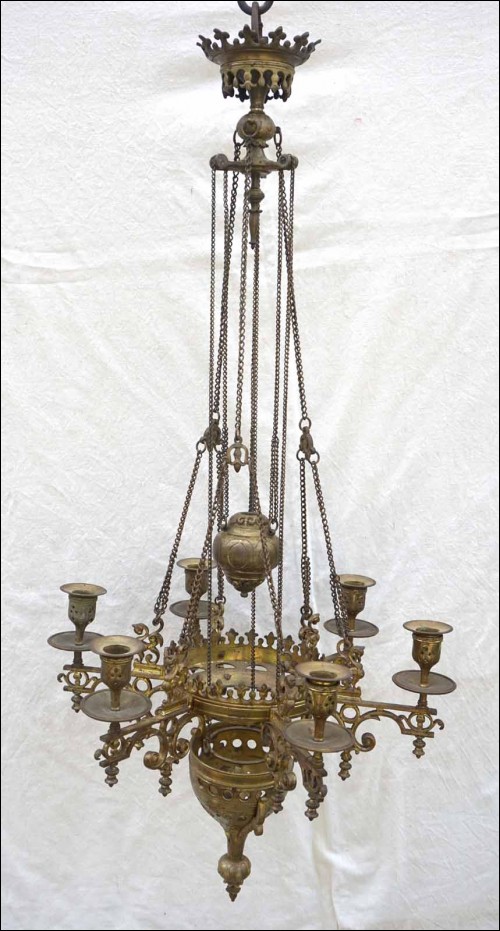 Gothic Sanctuary Lamp Church Chandelier Bronze 7 Lights Oil Down Up 1880