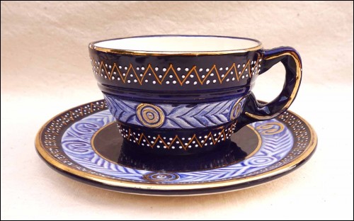 HB QUIMPER Cobalt Blue Gilt Celtic Decor Tea Cup Saucer 1930