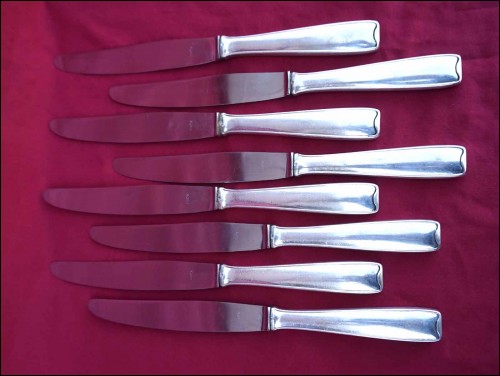 Art Deco 8 Dinner Knives Set Silverplate Stainless Steel Blade 1900