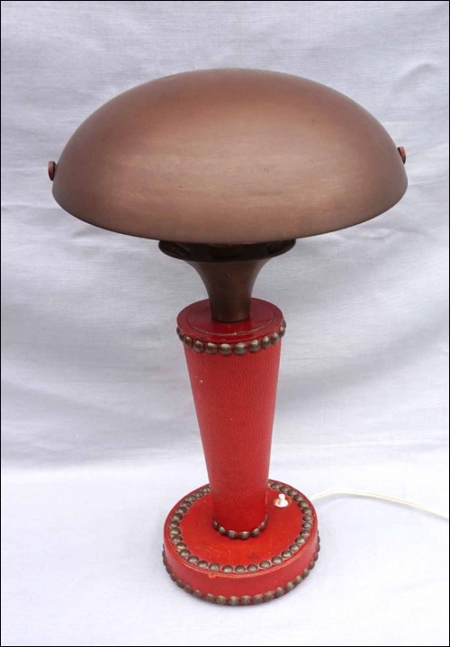 French Art Deco Desk Table Lampe Red Leather Base Ajustable Brass Shade 1930's