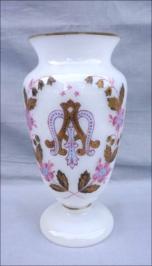 Hand Painted Gilt Enameled Opaline Glass Wedding Vase A M Mono 19th C