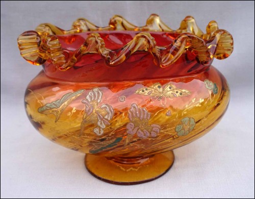 Bohemian  Harrach Amberina Gilt Enameled Oval Vase Butterfly Flower 19th C
