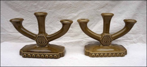 LIONS INTERNATIONAL Pair Candelabra Faience St Meen Brittany 1950