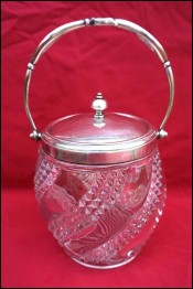 BACCARAT Art Nouveau Biscuit Lidded Bucket Cookies Jar Box Pressed Glass Silver Plate