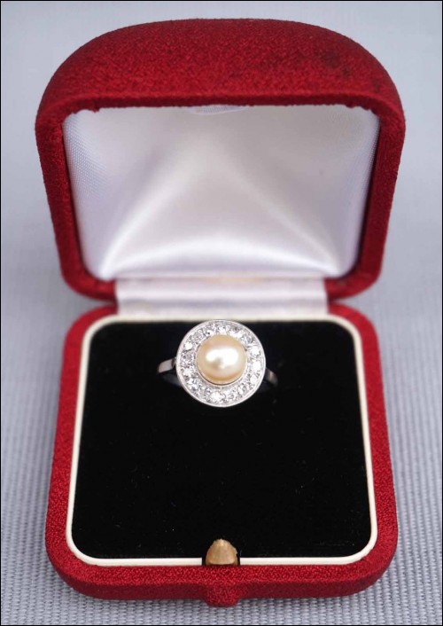 Art Deco Platinum 7.3mm Pearl Diamond Ring Engagement Wedding