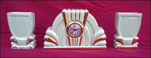 Hubert Bequet Art Deco Garniture Mantle Clock Set 3pcs Gilt Celadon Faience 1930