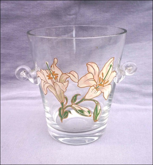 Enameled Crystal Glass Lily Lilium Ice Bucket Cooler Vintage