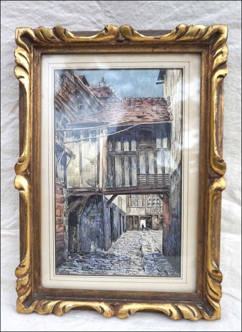 Old Timbered Houses Lisieux Normandy Framed Etching Wood Print Signed Bernard