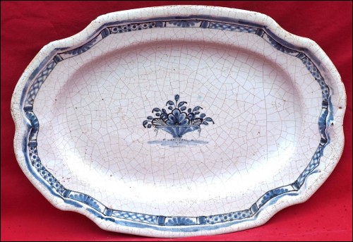 French Country Folk Art Blue White Faience Scalloped Oval Dish Rouen Late 18th C