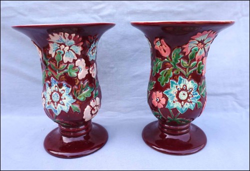 BORDEAUX French Hand Painted Majolica Relief Pair Vase 1940