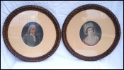 French Couple Portrait Medallion Round Framed Pair Pastel Drawing 19th C