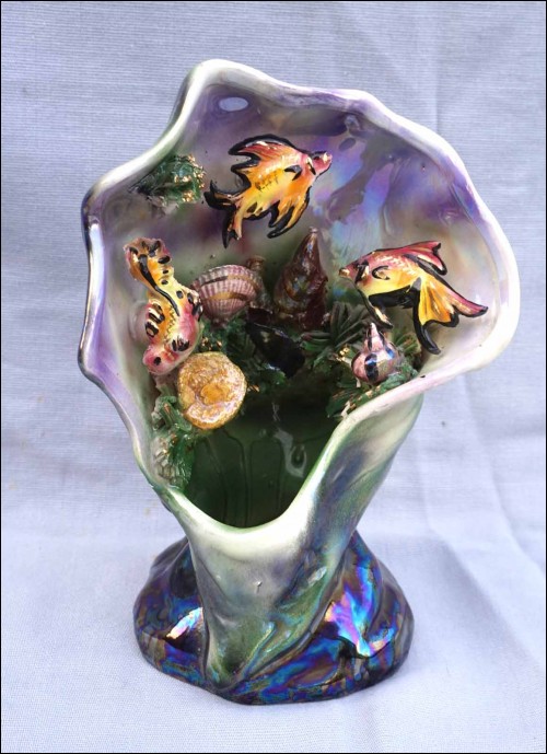 MONACO Kerina Hand Painted Faience Fish Shell Sea Life Vase