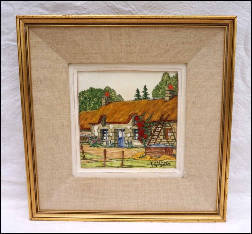 Breton Cottage Framed Hand Painted Tile L Medelec Quimper