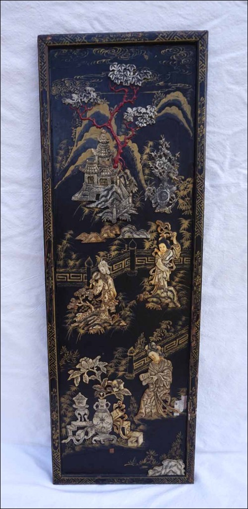 Chinese Wall Panel Lacquer Carved Etched Bovine Bone Ladies Qing Coromandel