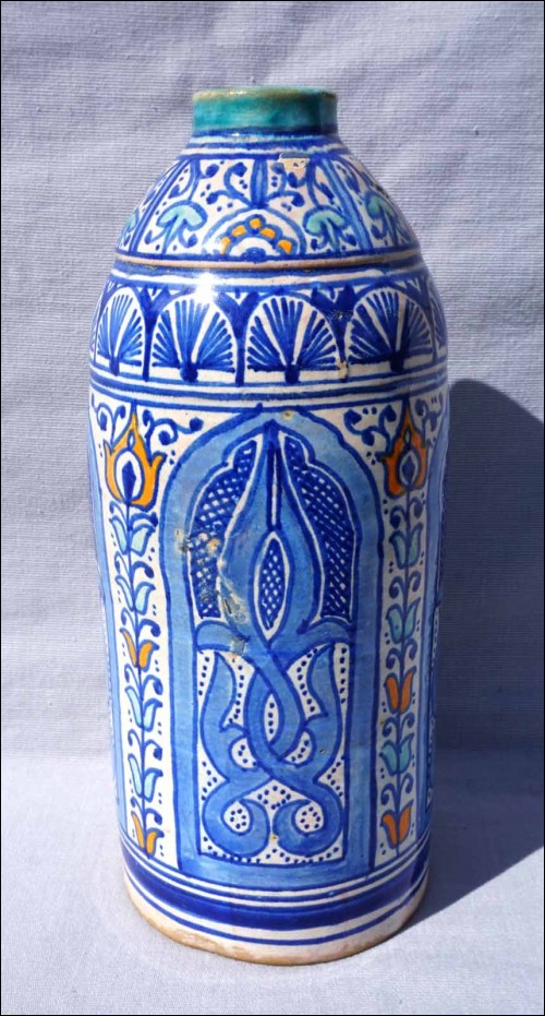 MOTROB Orange Flower Water Bottle Hand Painted Ceramic Fez Morocco