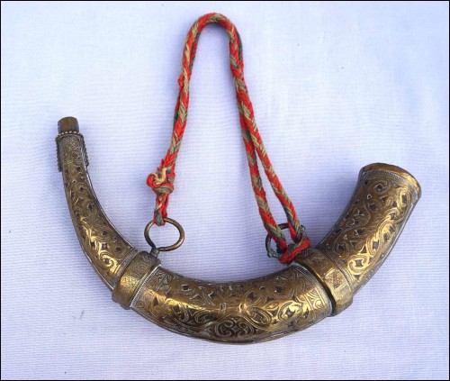   Morocco Protectorate Powder Horn Engraved Brass Sahara Early 20th C