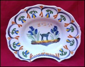   French Barber Shaving Bowl Nevers Dog Hand Painted Faience 19th C