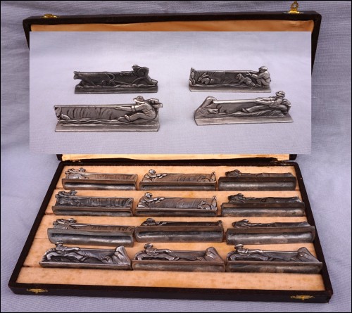 Humorous Knife Rest Farmer Fisher Hunter Silver Plate Set 12Pcs 1930