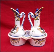 Faience Arms Mont St Michel Oil Vinegar w Stand Malicorne 1900's