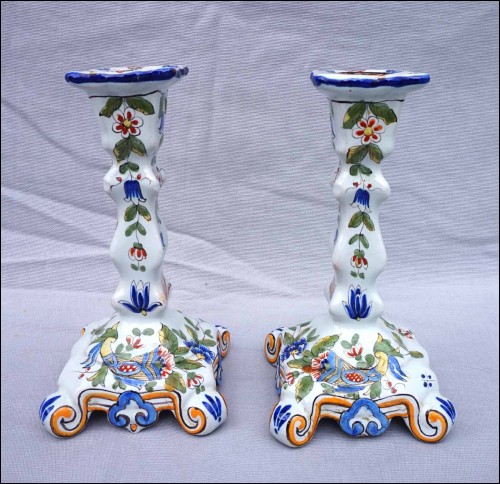 ST CLEMENT Pair Candlestick Rouen Decor French Hand Painted Faience Late 19th C