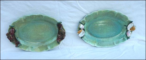 Suzy COSTE French Palissyware Majolica Fish Shell Scalloped Dish Pair Paris