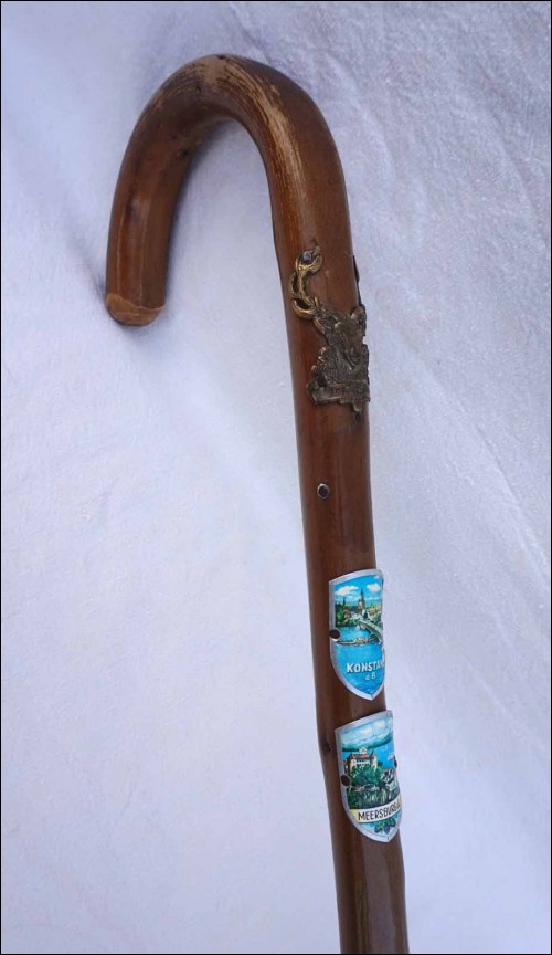 German Black Forest Wooden Walking Stick w Shields Badges Mainau Konstanz Meersburg