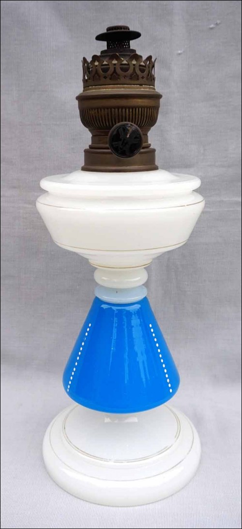 St Louis French Cobalt Blue White Opaline Glass Oil Lamp Matador Burner 1850