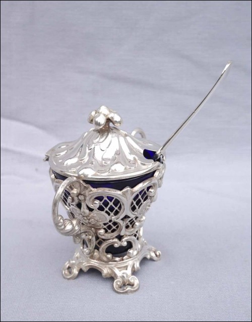 Sterling Silver Condiment Mustard Pot A Debain Paris Cobalt Glass Louis XV style