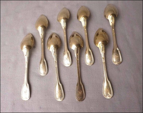Sterling Silver Gilt Vermeil Dessert Tea Spoon Set Fiddle Thread Mono LD Paris 1830