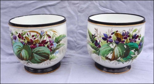 Old Paris Porcelain Hand Painted Pair of Jardinieres Flowers Foliage Late 19th C