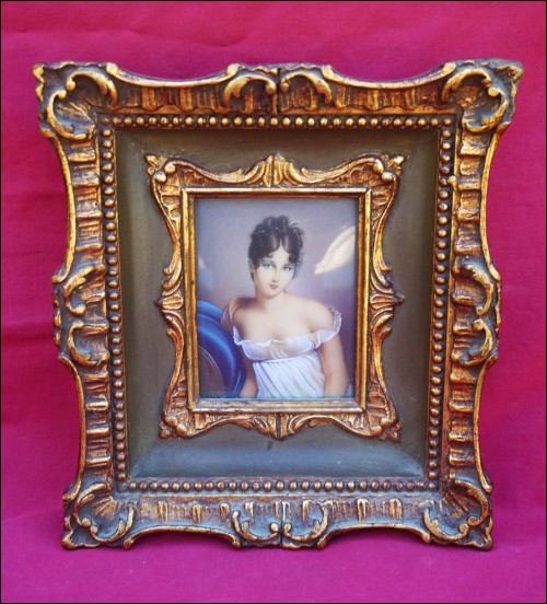 Juliette Recamier Framed Hand Painted Miniature Signed HIL Mid-Century