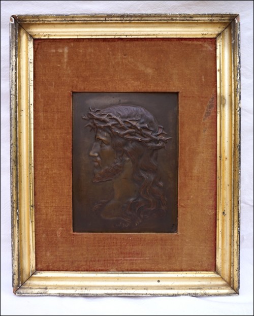 JESUS CHRIST Crowned Profile French Art Bronze Panel Sculpture LHoste Framed 1900's