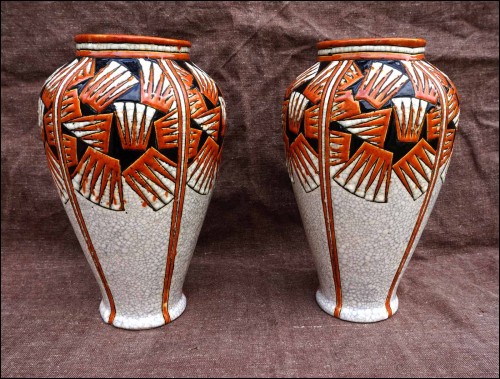   BOCH Freres La Louviere Charles Catteau Belgium Art Deco Pair Vases Large  11 3/4