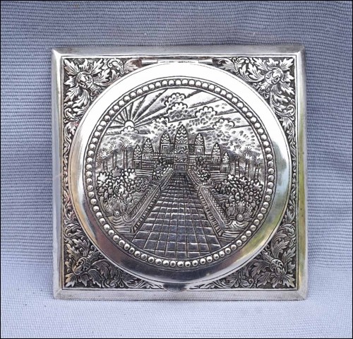 Cambodia Ankhor Wat Engraved Sterling Silver Compact Powder Case Mirror 95gr