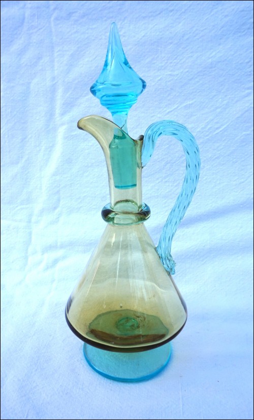 Portieux Crystal Amber Blue Cruet Decanter Stopper George Sand French Art Glass