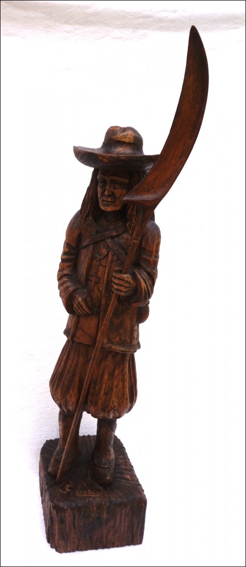Breton Chouan  Large Hand Carved Wood Sculpture Figure JC Lardeux Scythe Vintage