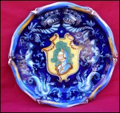 St Clement Faience Plate Coat of Arms Knight Medallion Dark Blue 18th C
