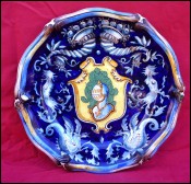 St Clement Faience Plate Coat of Arms Knight Medallion Dark Blue 19th C