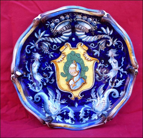 St Clement Faience Plate Coat of Arms Knight Medallion Dark Blue 19th C